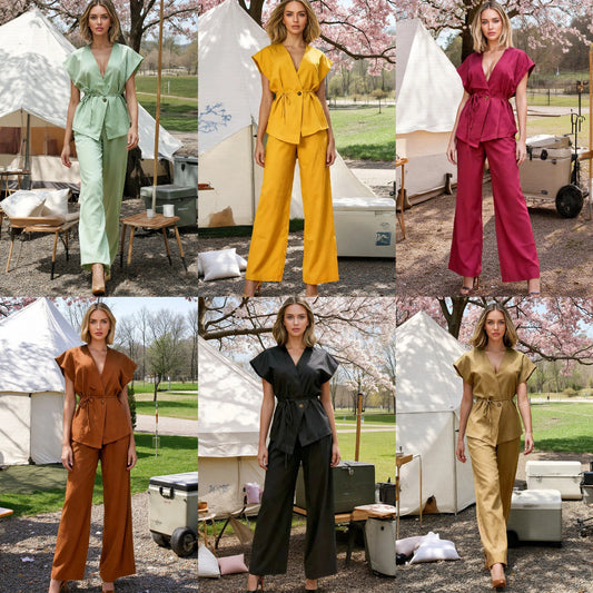 Womens Casual Vest And Pants Set With Ties Solid Color