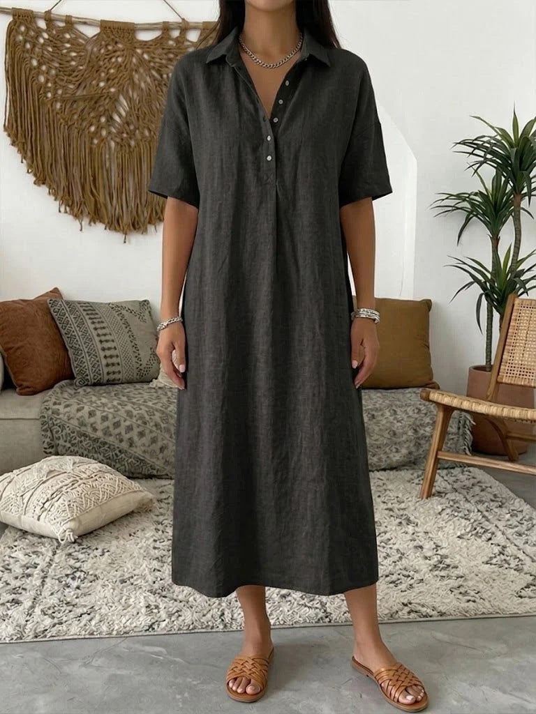 Straight-cut Comfortable Linen Short-sleeve Dress With A Polo Collar