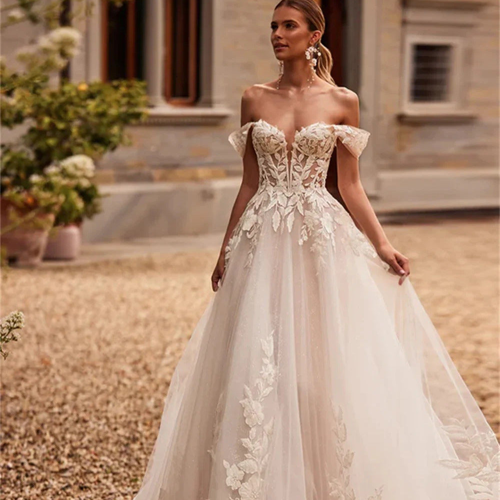 Light-luxury White Off-the-shoulder Bridal Wedding Gown With A Small Train