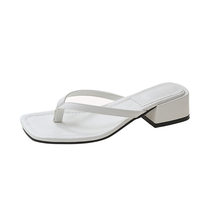 Women's Fashion Outerwear Square Toe All-matching Chunky Heel Non-slip Beach Flip Flops