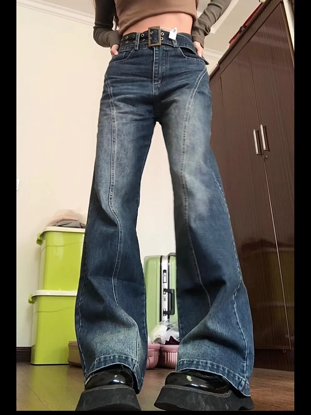 Vaskede Vintage Højtaljede Løse Brede Ben Straight Jeans
