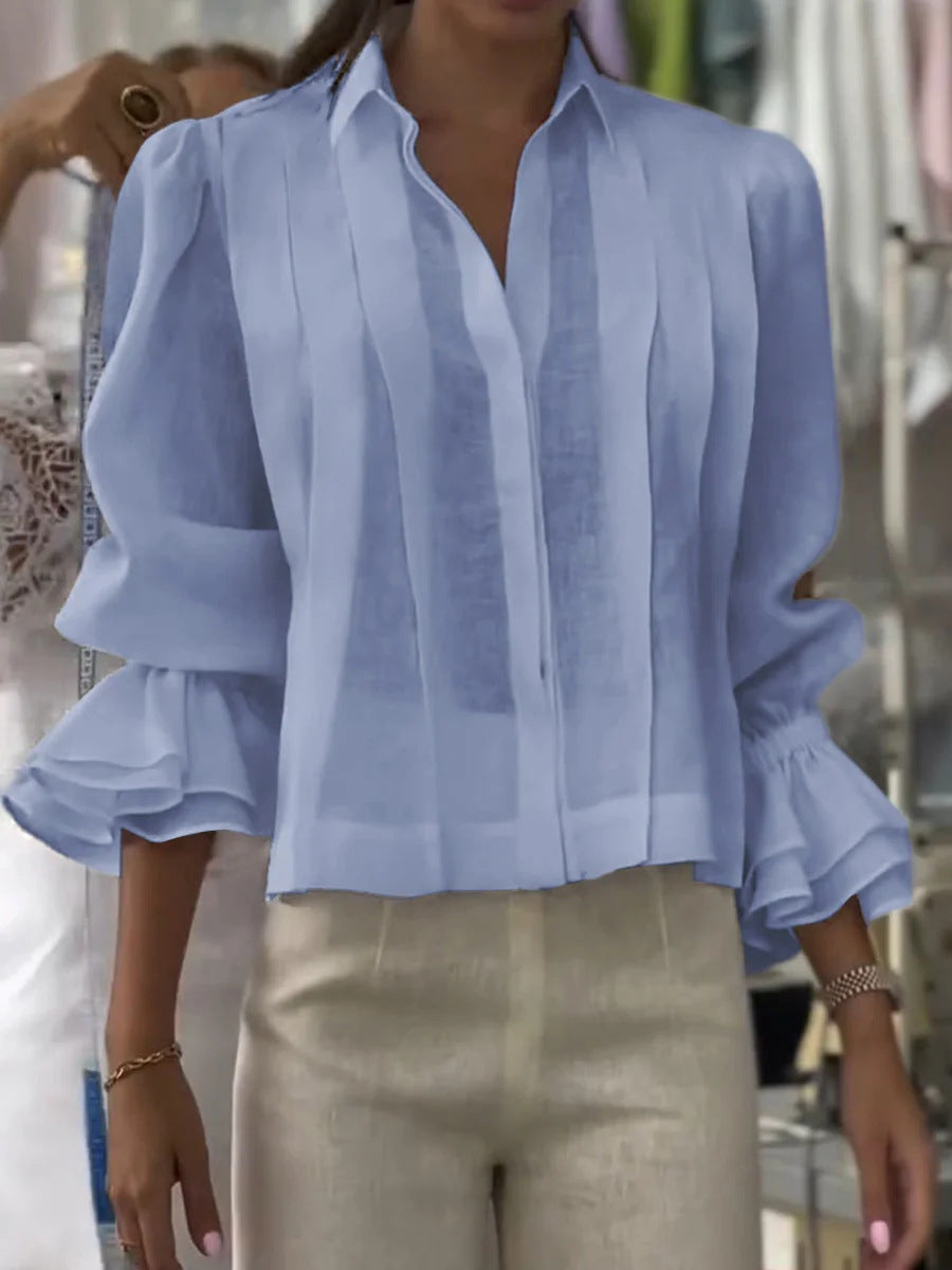 Pleated Solid Color Stitching Short Sleeve Shirt