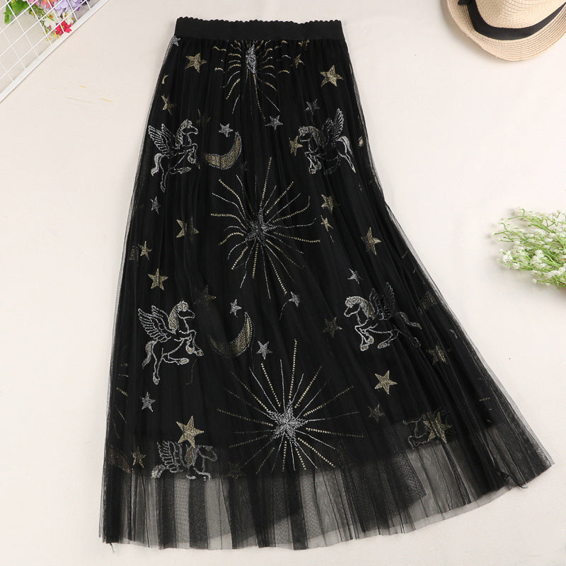 High Waist Mesh Embroidered Skirt