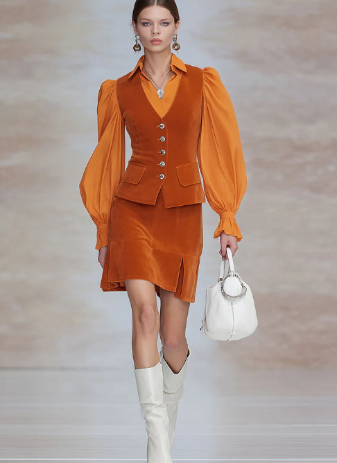 Fashionable Retro Long-sleeved Chiffon Orange Velvet Shirt And Skirt Set