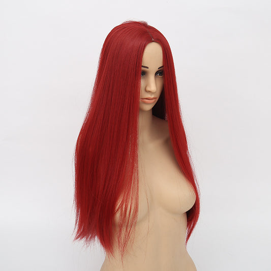 Wig Female Middle Point Wine Red Long Straight Hair Hood Chemical Fiber Hair