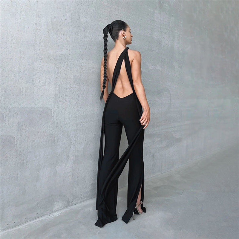 Europæisk og amerikansk efterår Dametøj Halterneck Cut-out Rygløs Slim Fit Skinny Jumpsuit