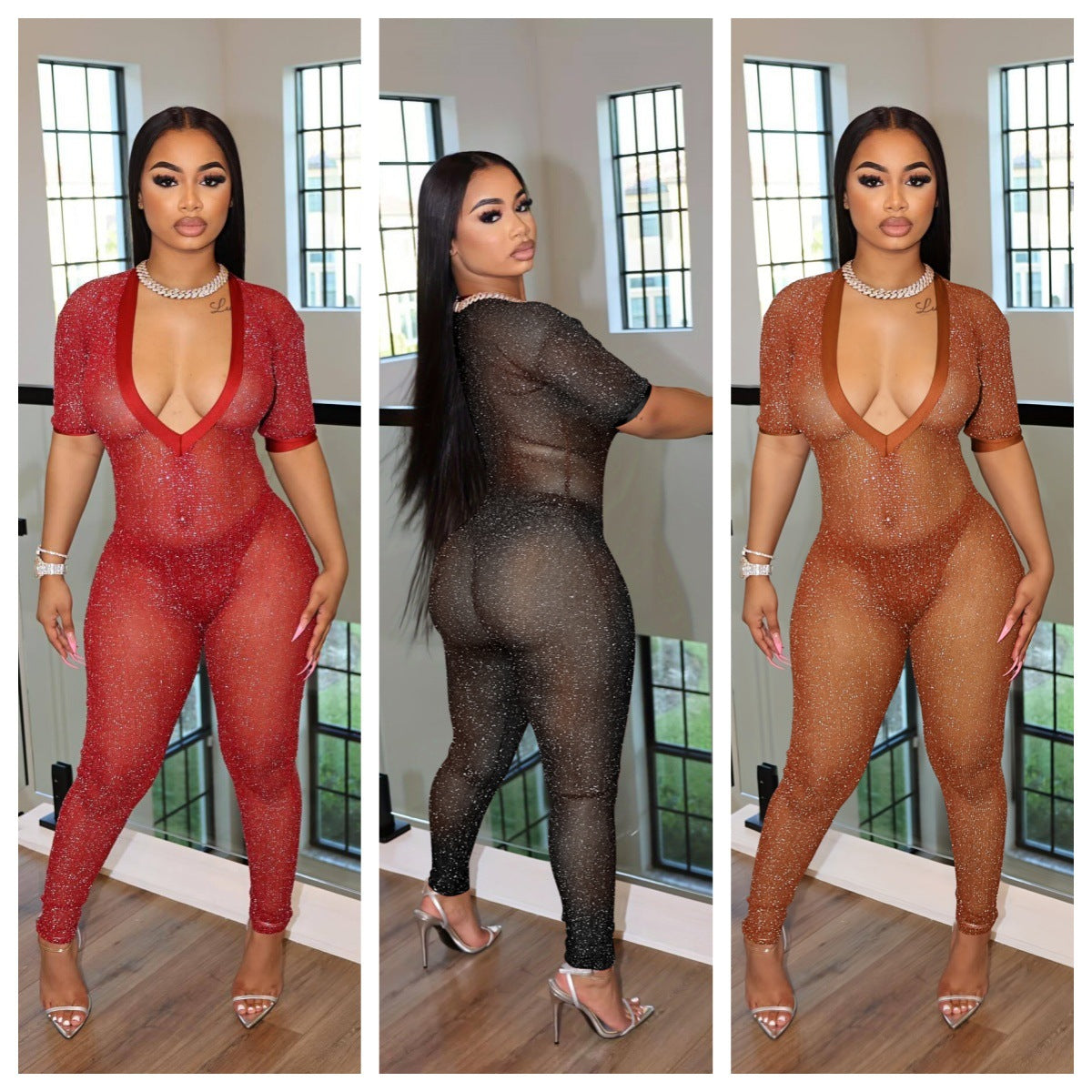 Moderigtig Semi-transparent Jumpsuit med Bred V-hals