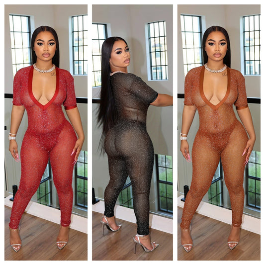 Fashionable Semi-Transparent Wide V-Neck Jumpsuit