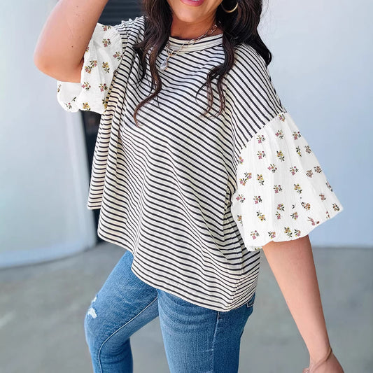 Womens Casual Striped Patchwork Loose T-Shirt