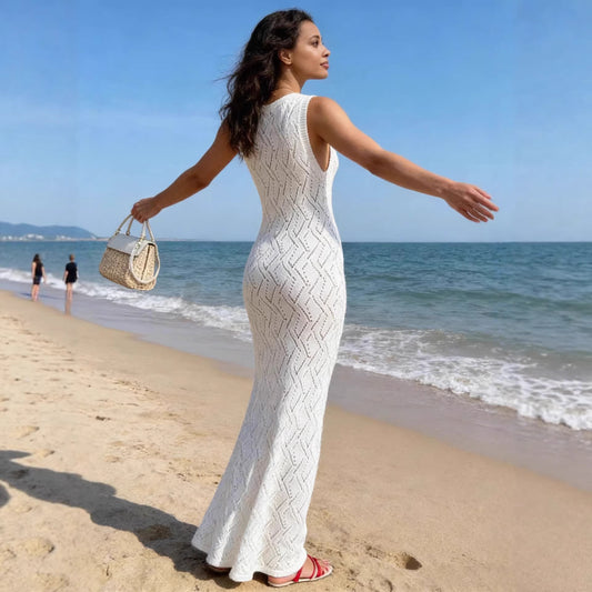 Solid Color Cutout Figure Hugging Knit Dress With A Round Neck And No Sleeves