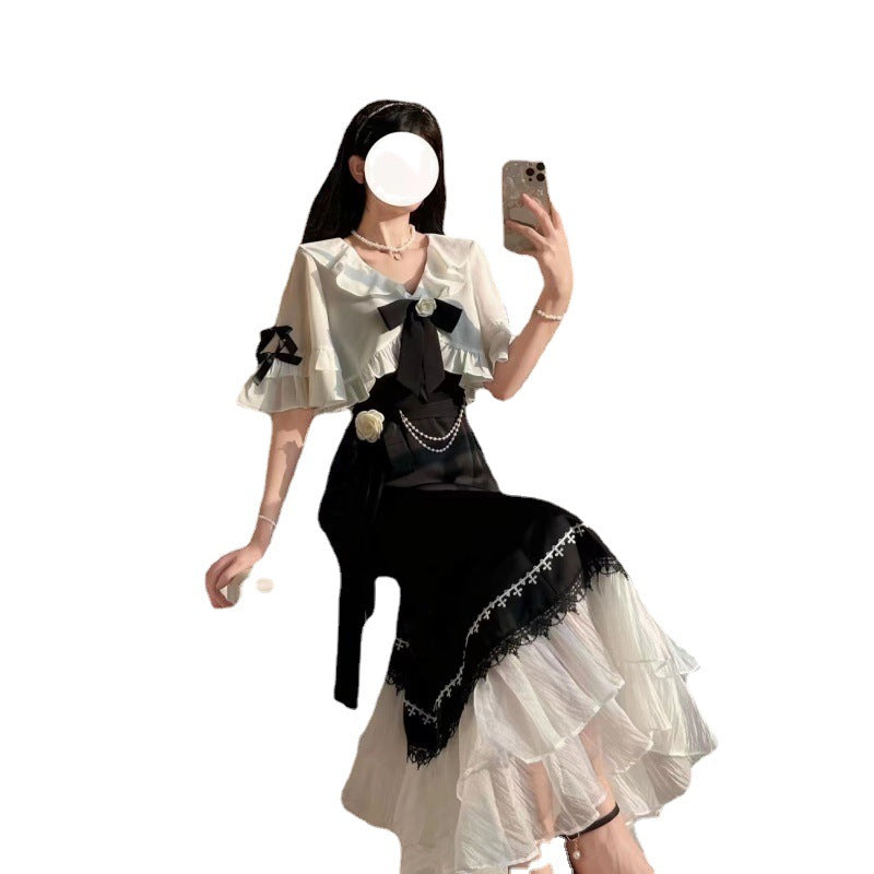 French Style Super Fairy Ruffled Stitching Shawl Fishtail Skirt Two-piece Set