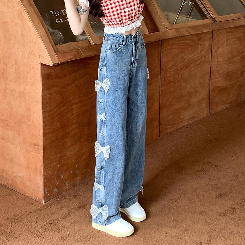 Bow High Waist Loose Straight Jeans