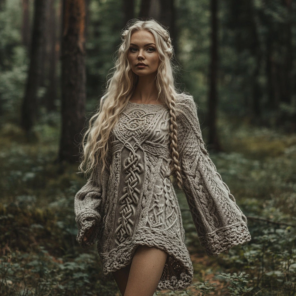 Højhalset kjolesweater med retro-kabelstrikket design og lange ærmer