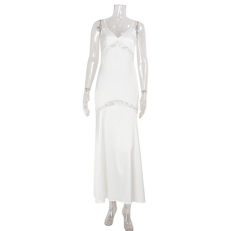 V-neck Slip Maxi Dress With Lace Paneling Evening Gown