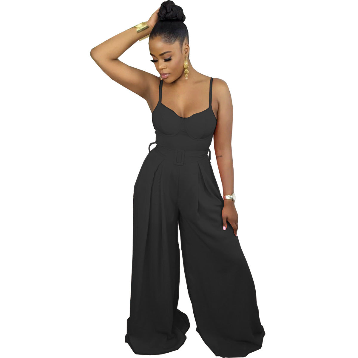 Fashion Solid Color Suspender Wide Leg Ladies Jumpsuit