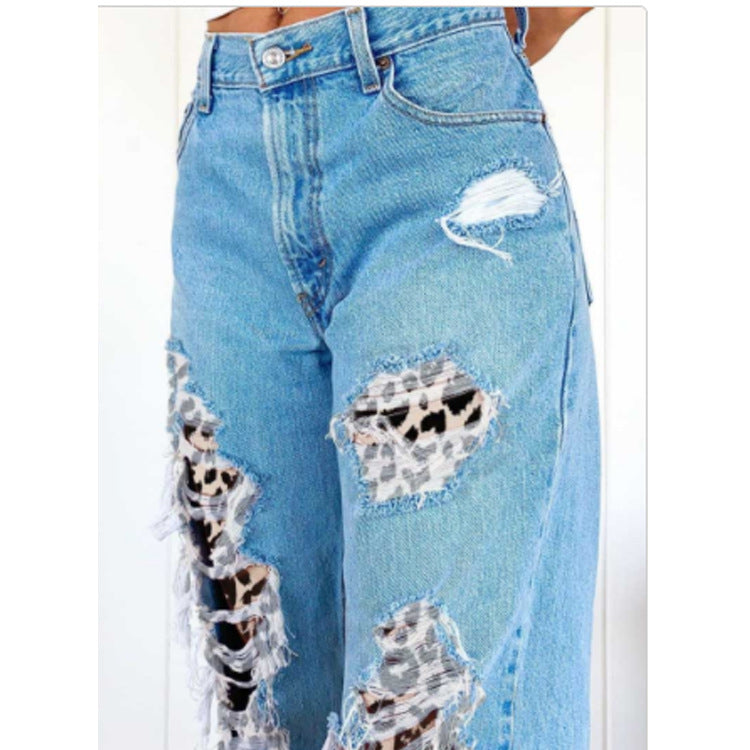 Women's Jeans With Ripped Leopard Print Look Thin
