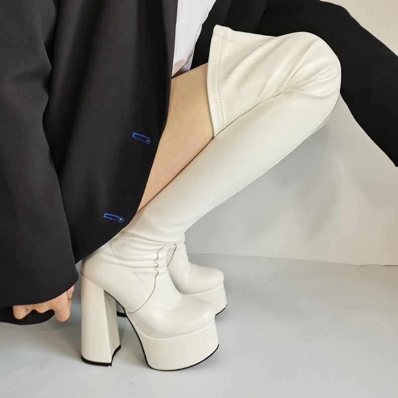 Womens Patent Leather Over-the-knee Booties With A Round Heel That Slim The Legs