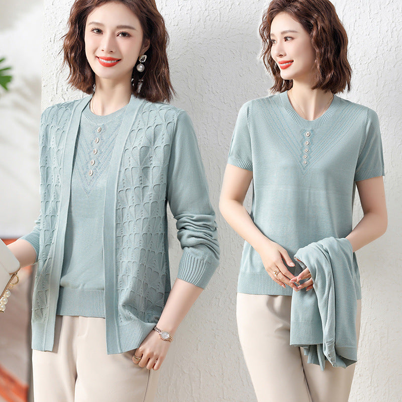 Spring Wear For Moms Fashionable Jacket Thin Knitted Cardigan Two-piece Suit