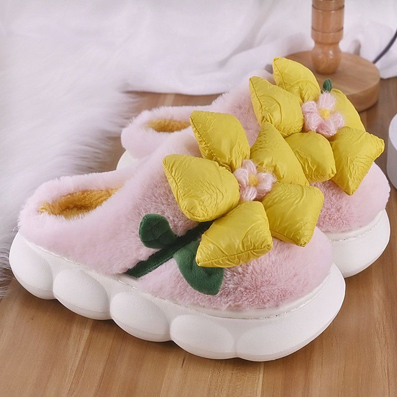 Flower Cotton Slippers With Plush Insulation And Thick Bottom Plush