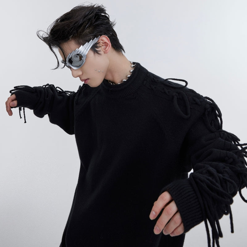 Deconstructed Fringe Design Crease Crease Neck Knit Sweater
