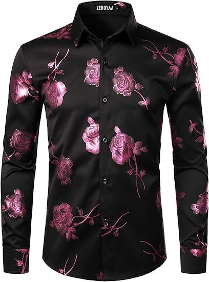 Golden Rose Print Slim Fit Long Sleeve Formal Wear Shirt