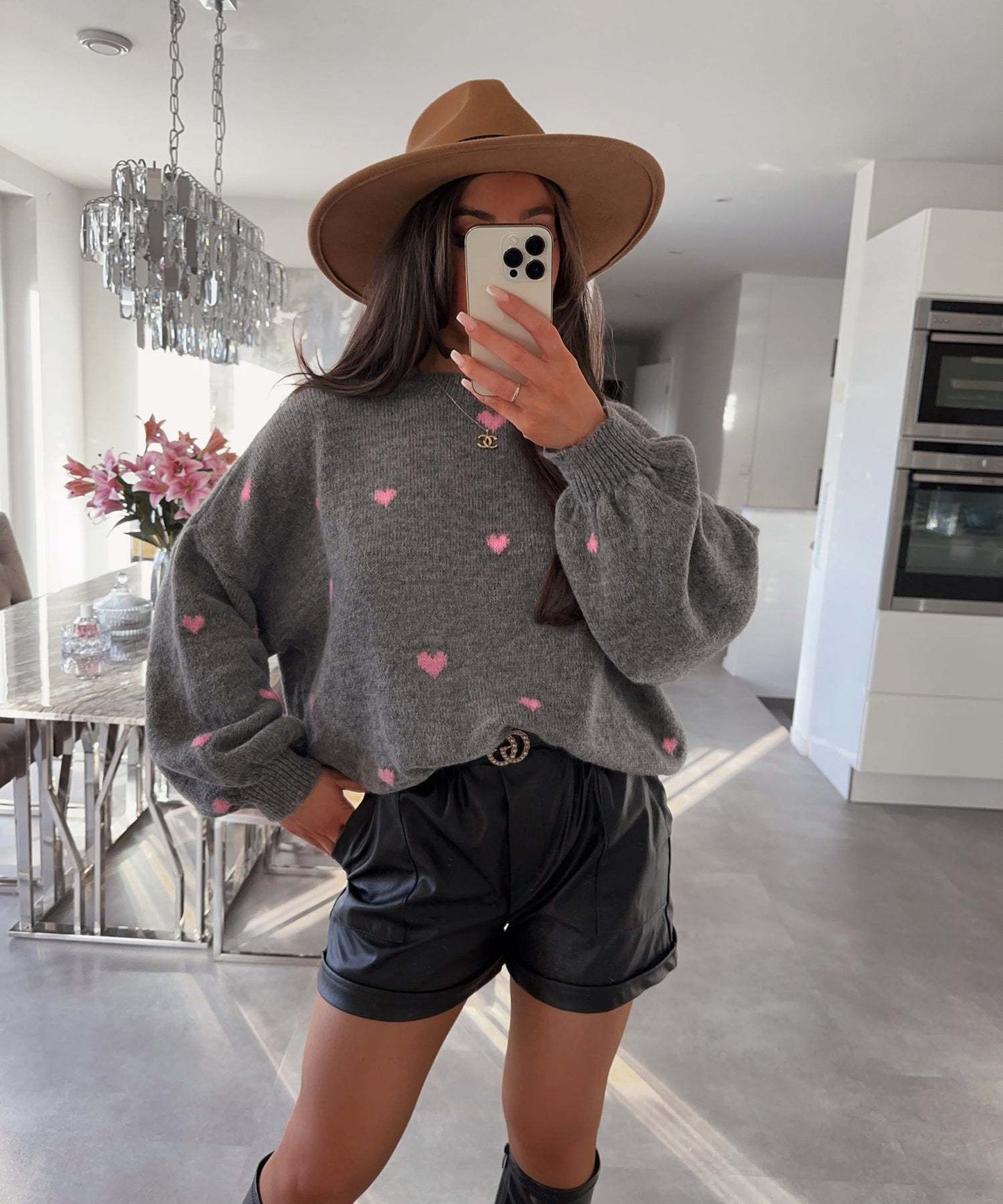 Female With Hearts Loose Sweater Pullover Long Sleeve Sweater