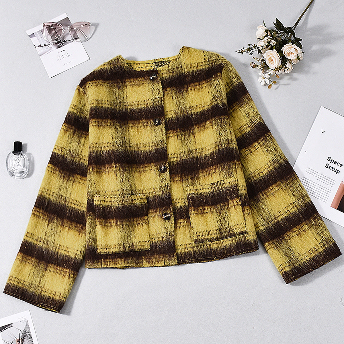 Women's Plaid Single-breasted Long Sleeve Round Neck Coat