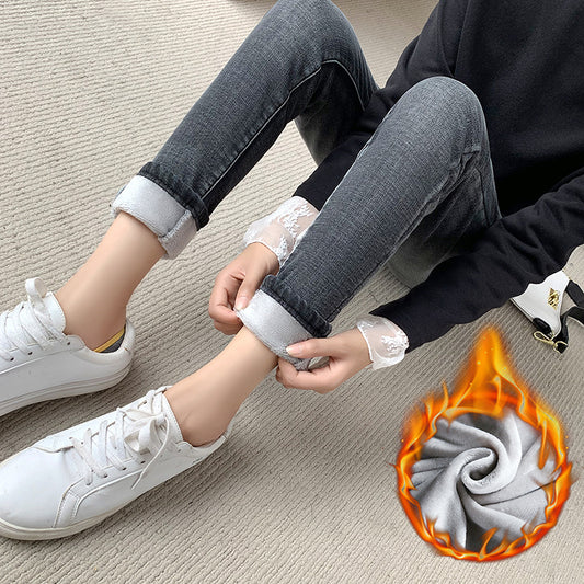 Women's Retro Blue Skinny Pants With Fleece Feet