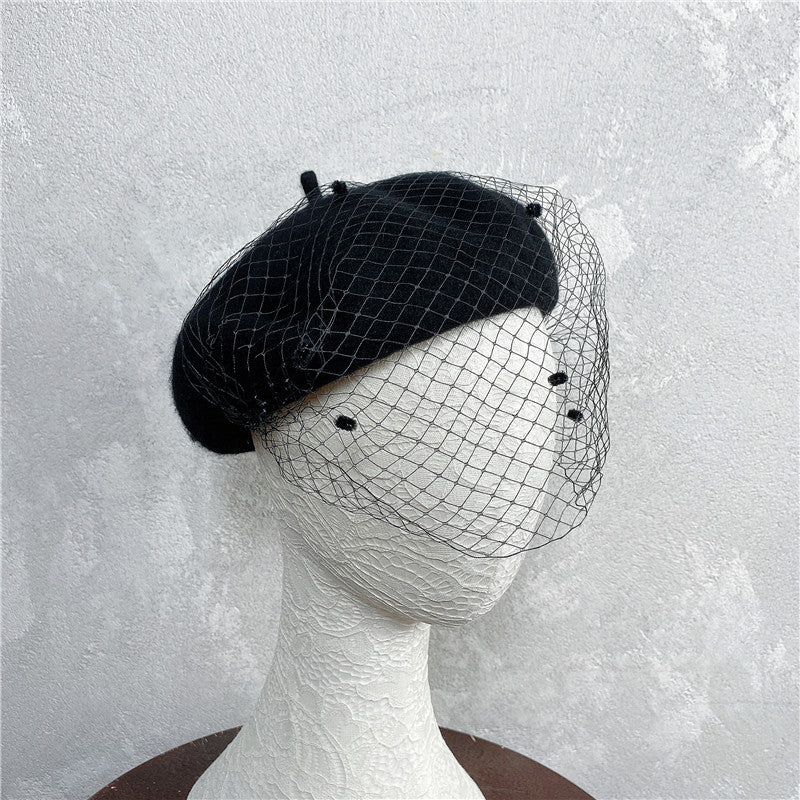 Vintage French Mesh Veil Pom Pom Versatile Wool Beret