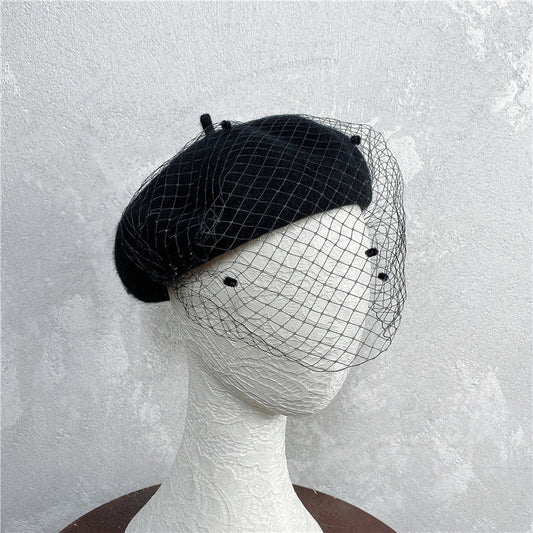 Vintage French Mesh Veil Pom Pom Versatile Wool Beret