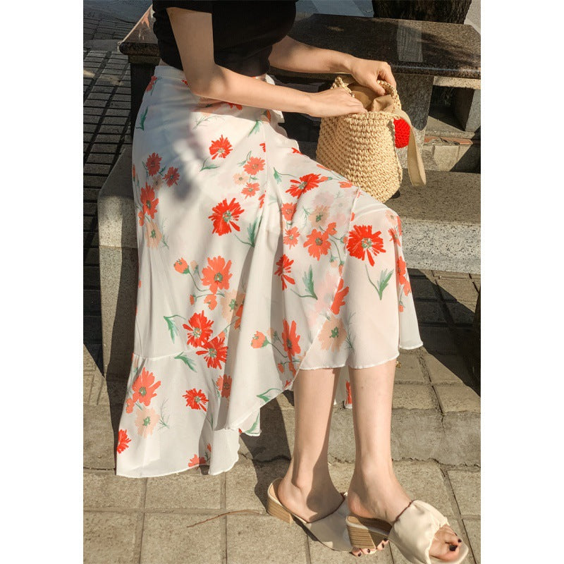 Vacation Style Floral Skirt Chiffon Dress Skirt One-piece Ruffled