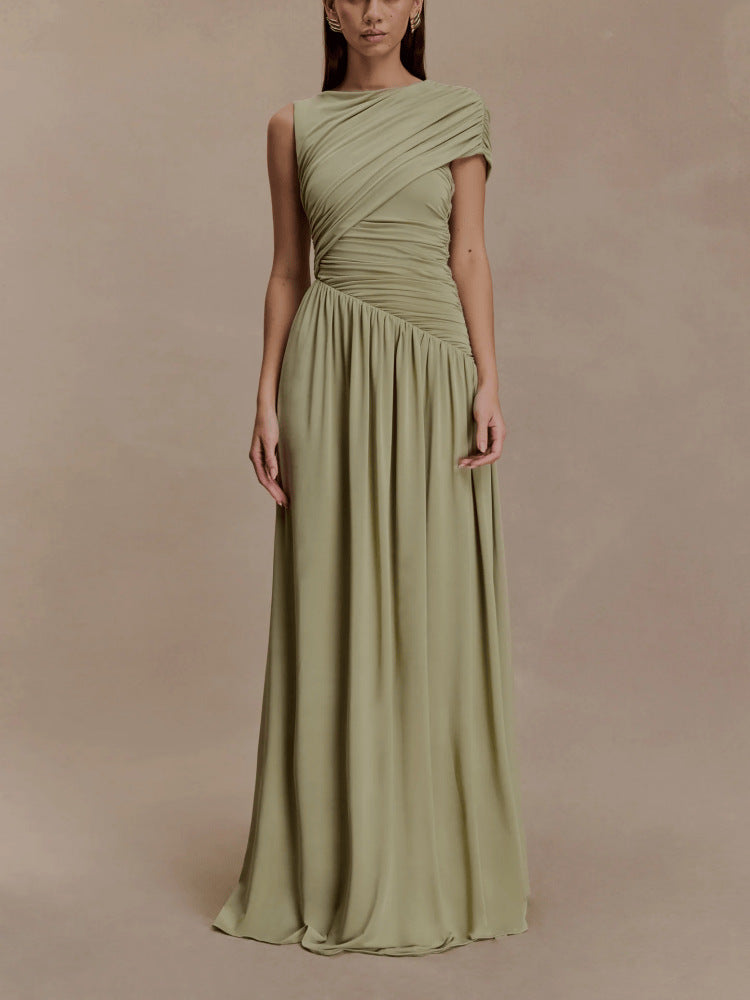 Elegant Solid-Color Pleated Asymmetrical-Neck Bodycon Dress