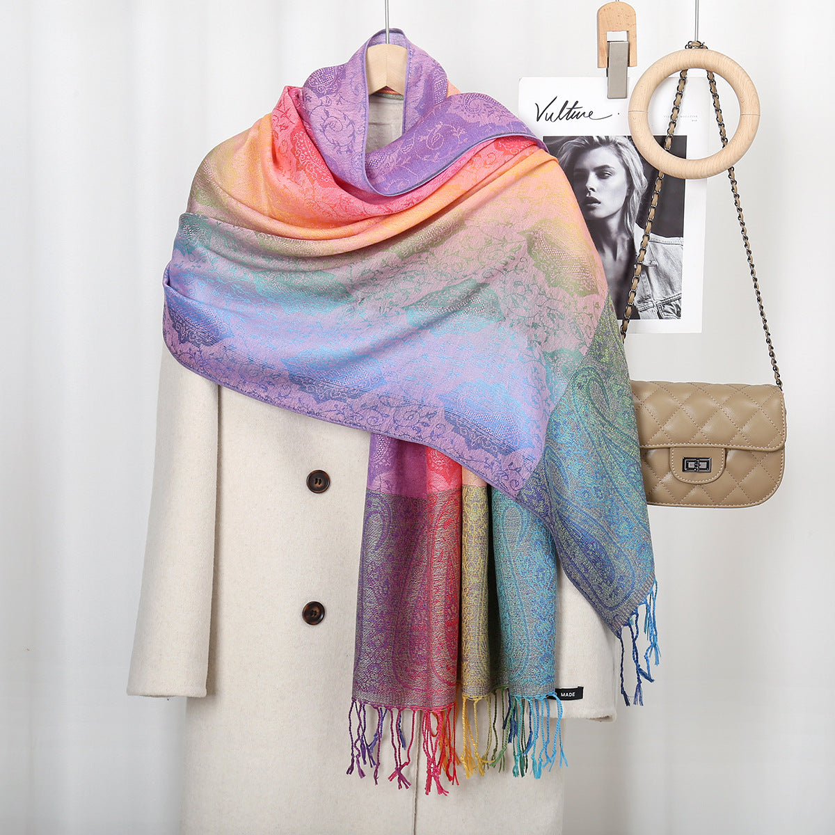 Womens Ethnic-Style Gradient Embroidered Colorful Cashew Tassel Shawl