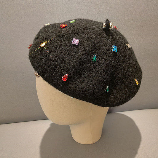 Diamond Beret Versatile Black Painter Hat Casual Warm Hat