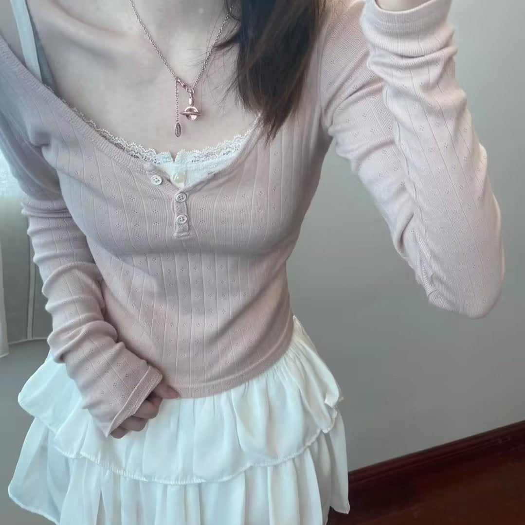 Pure Desire Long Sleeved Hollow Knitted T-shirt