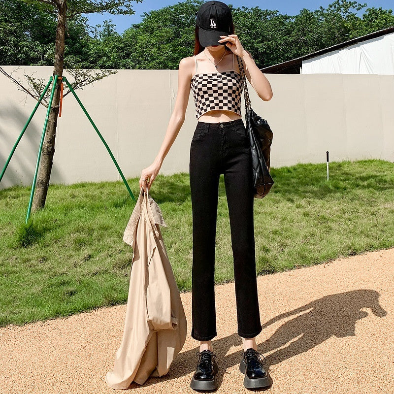 Hvide Jeans Koreansk Stil Højtaljede Stræk Cigaretbukser Små Cropped Straight Bukser