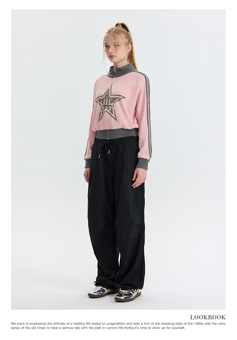 Five-pointed Star Pink American Retro Three-bar Sleeve Cardigan Stand Collar Sweater