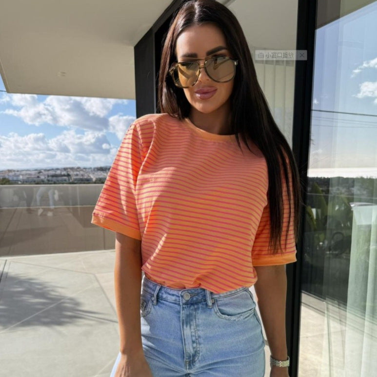 Summer Casual Striped Round Neck Loose Color Matching Short Sleeve