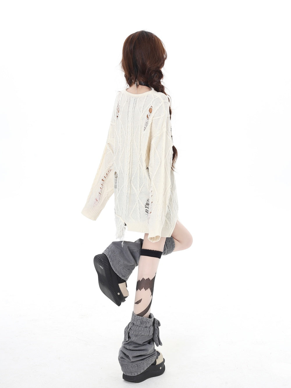 Ripped Retro Butterfly Printed V-neck Hollow Long Sleeve Knitted Sweater