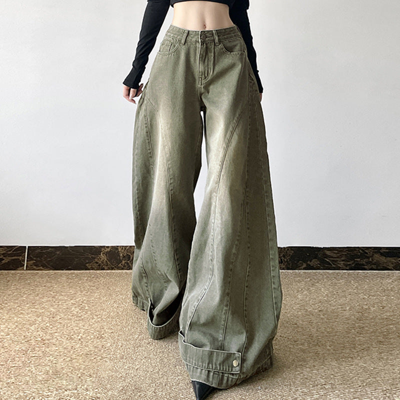 Kvinders løse patchwork-jeans med vide ben til efteråret og vinteren