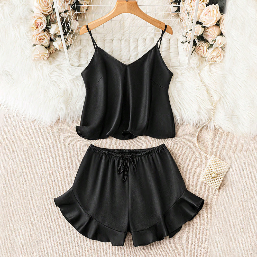 AutumnWinter Suspender Pajamas With Ruffle-trimmed Shorts Two-piece Set