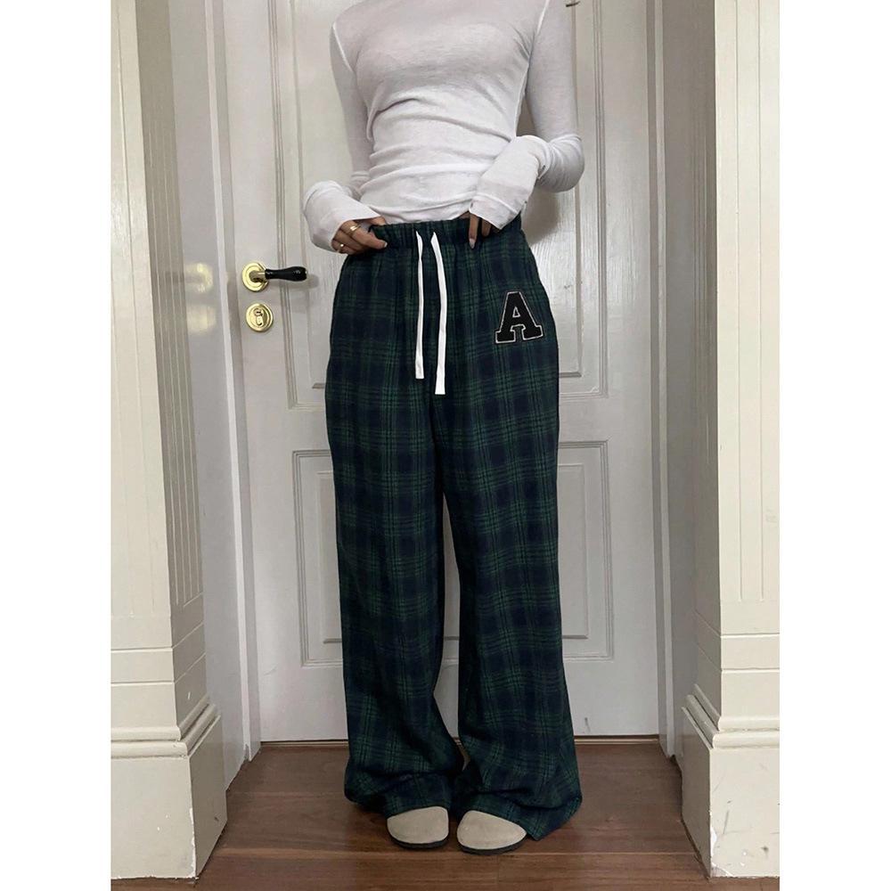 Womens Retro American-Style Color-Block Plaid Casual Pants