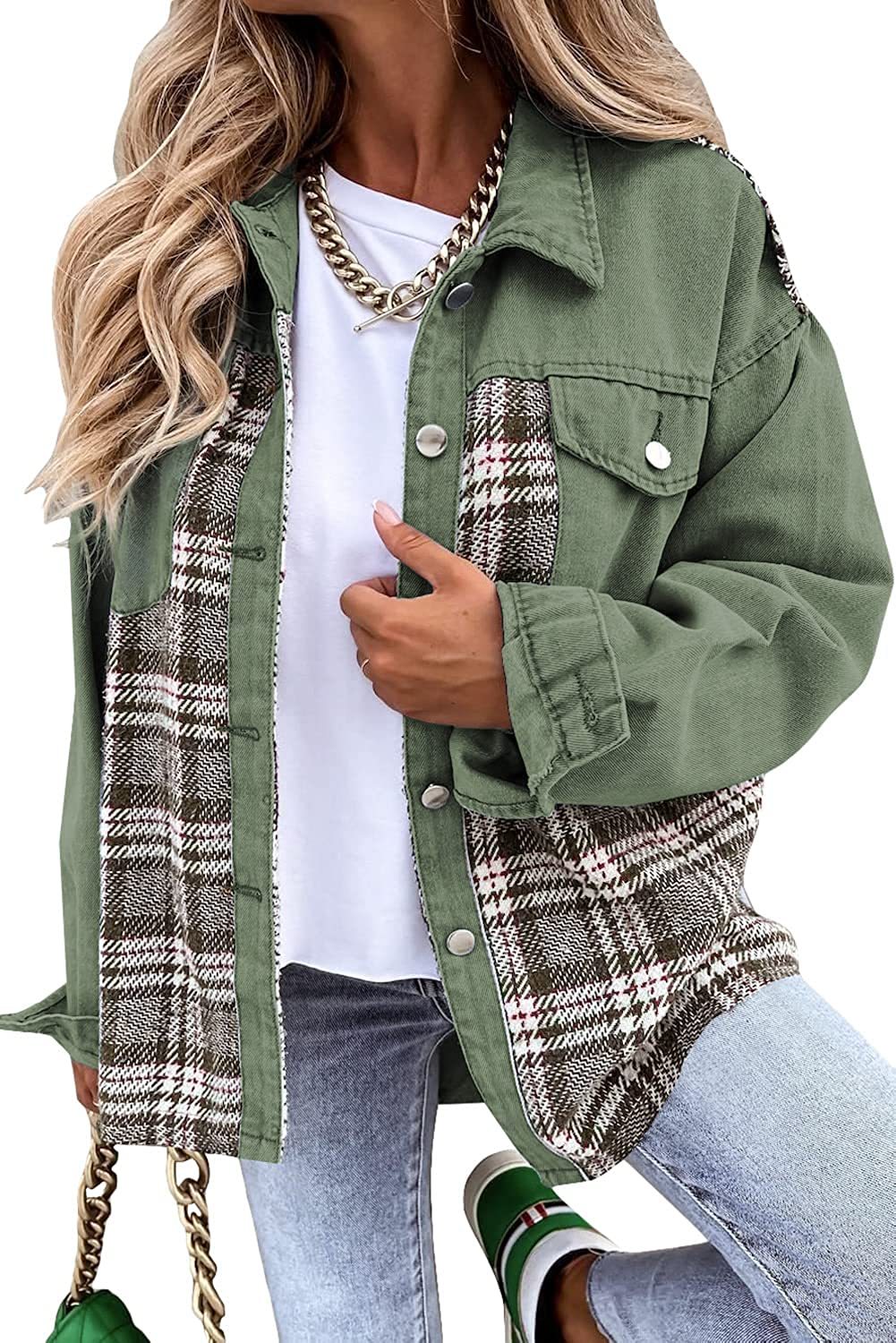 Denim Jacket Long Sleeve Plaid Button Down Shirt