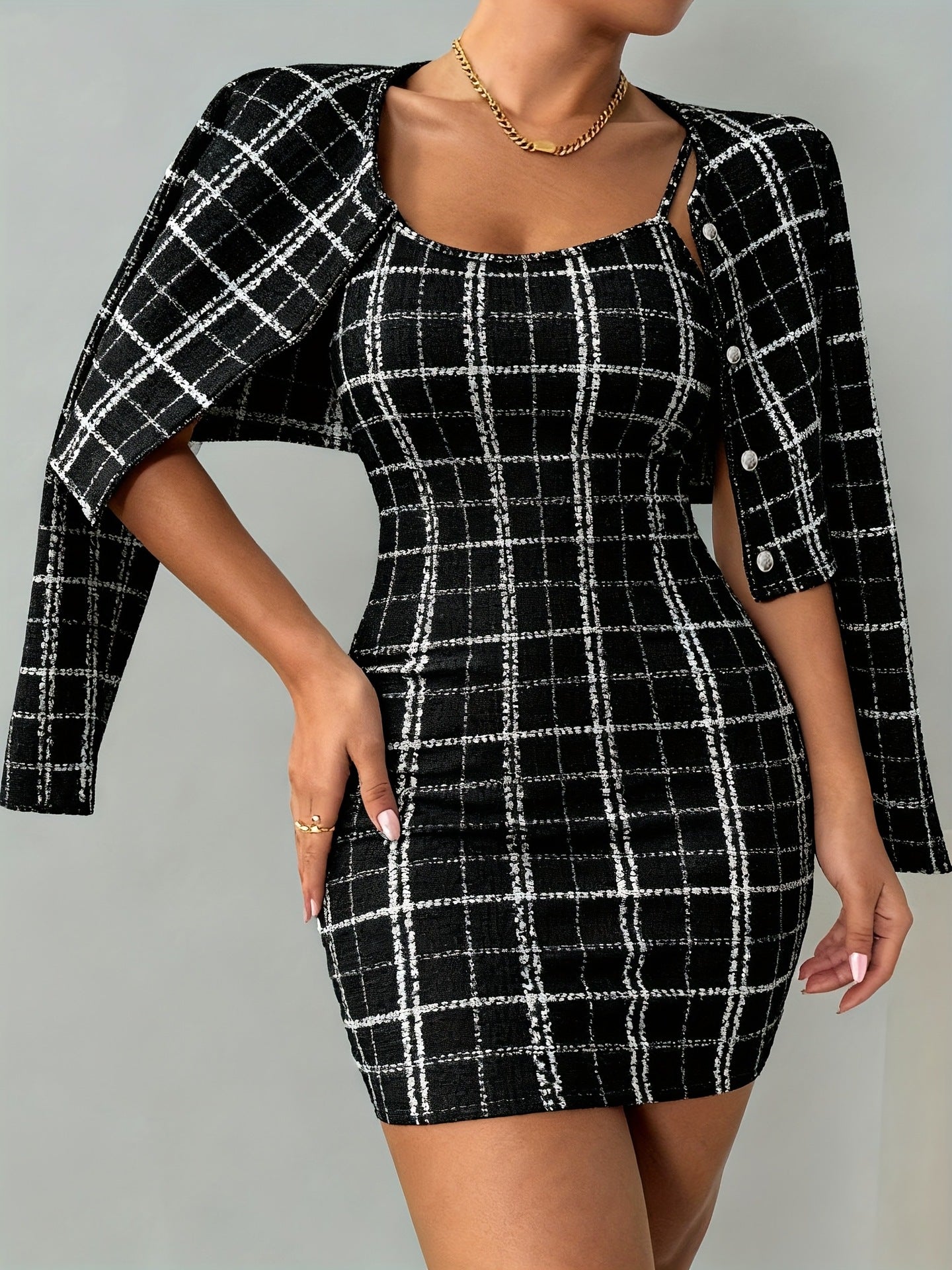 Womens Plaid Long-Sleeve Jacket And Suspender Skirt Set