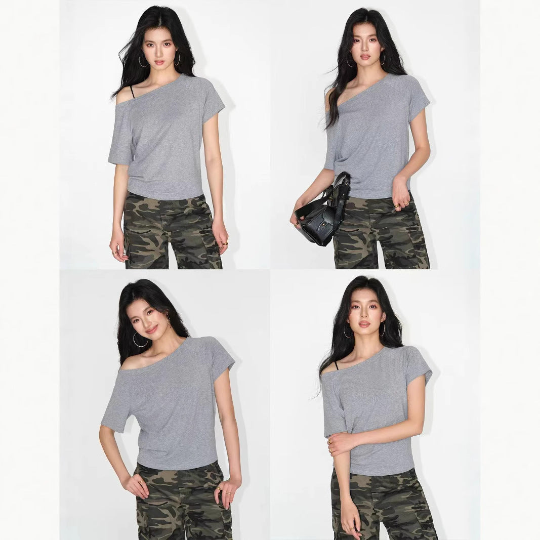 High-end Loose Oblique Shoulder Tops Short Sleeve Women