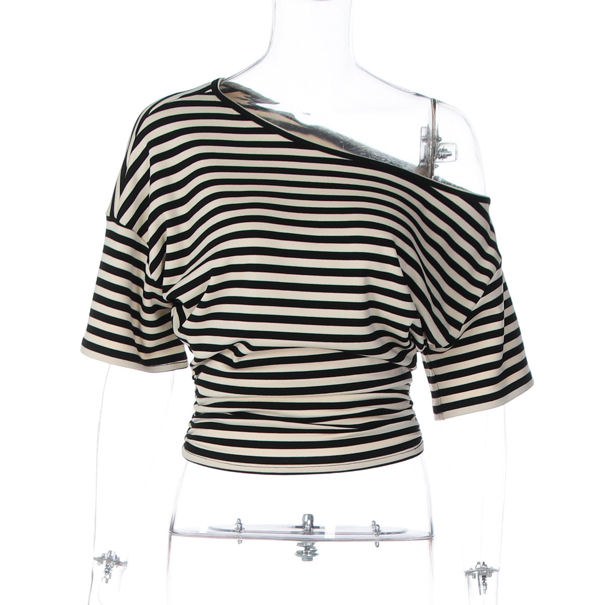 Retro Off-shoulder Striped Waist-cinching Figure-flattering Top