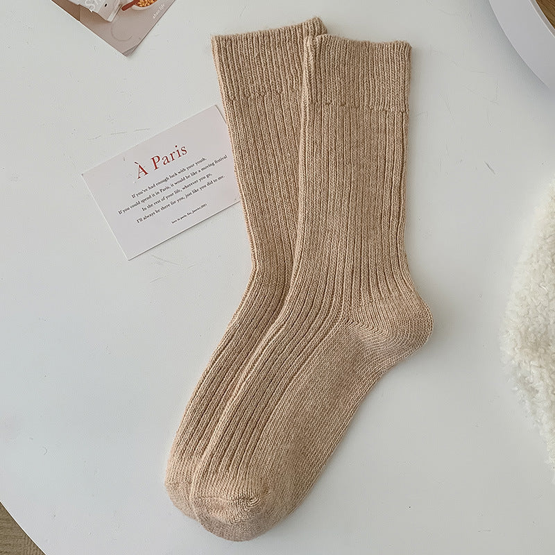 Solid-color Vertical-striped Wool Womens Socks For Fall And Winter
