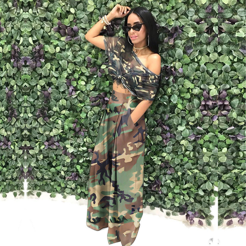 Women's Camouflage Printing Elastic Waist Wide Leg Pants Casual
