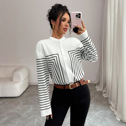 Women's Contrasting-Color Printed Single-Breasted Striped Shirt