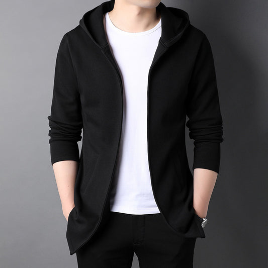 Men's Casual Youth Side Seam Pockets Trendy Handsome Slim Type Hooded Cardigan